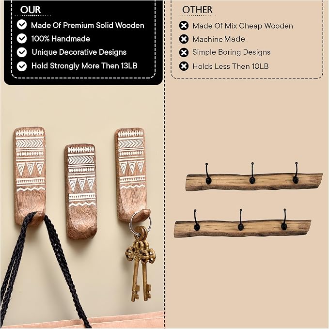 IndianShelf 10 LB- 3 Pieces Decorative Wood Adhesive Wall Hooks–Boho Peel and - Image 4