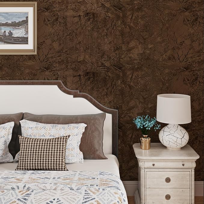 Wallercity 17.5''x236'' Brown Floral Leaves Flocking Fabric Wallpaper Peel and - Image 8