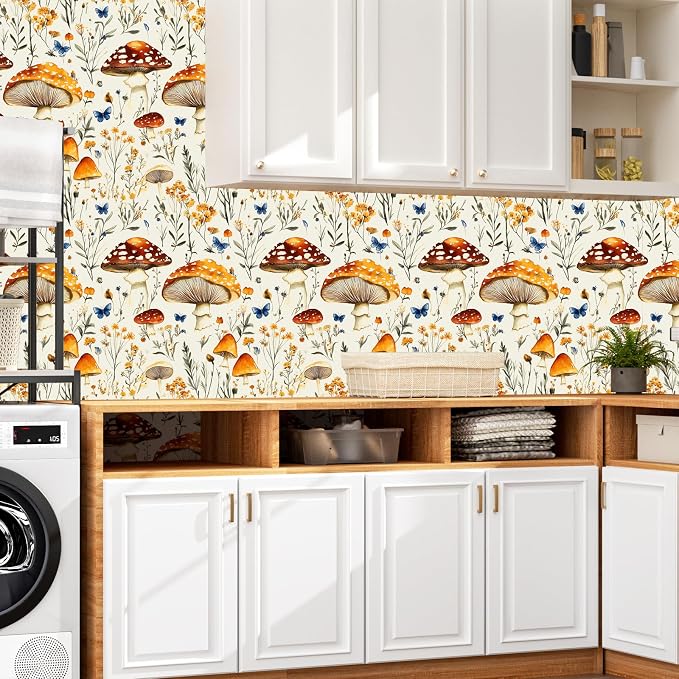 BOKEBEVE Mushroom Peel and Stick Wallpaper Beige Colorful Floral Contact Paper - Image 2