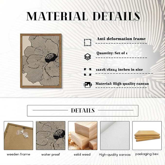 Framed Abstract Floral Wall Art, Neutral Line Flower Canvas Wall Decor Painting - Image 4