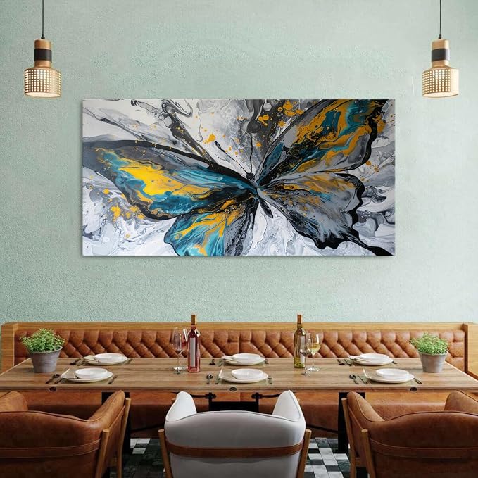 Abstract Butterfly Wall Art Teal Grey Yellow Butterfly Wall Decor Modern Marble - Image 4
