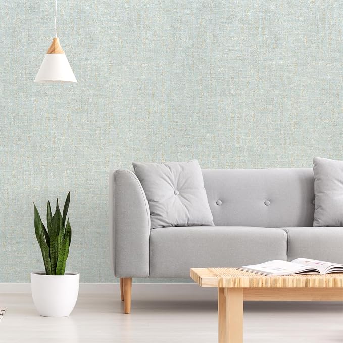 VEELIKE Blue Gold Grasscloth Peel and Stick Wallpaper 15.7''x118'' - Image 2