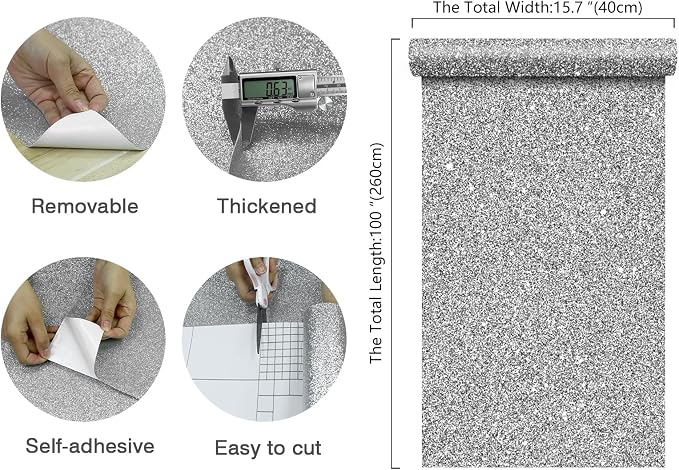 CHIHUT Sparkle Silver Glitter Wallpaper Peel and Stick Silver Glitter Contact - Image 8