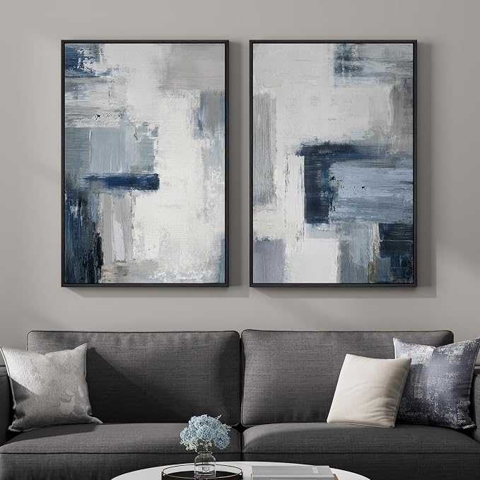 Large Framed Blue Gray Abstract Wall Art Set of 2, Modern Canvas Artwork by MXART