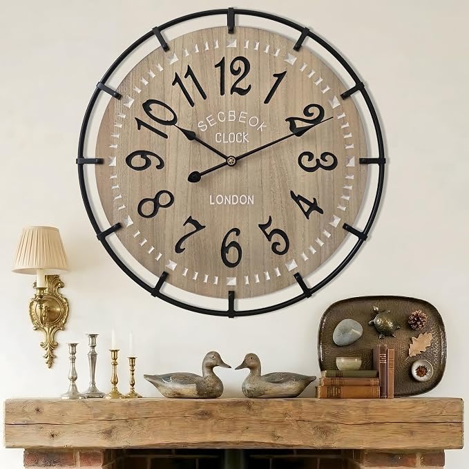 30 Inch Oversized Farmhouse Wall Clock, Metal Rustic Wood by Unknown