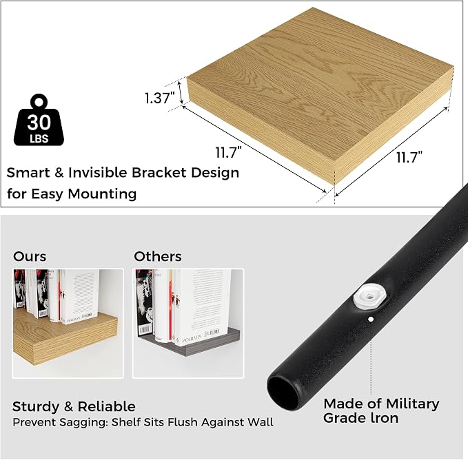Square Floating Shelves for Wall 12"W x 12"D x 1.4"H, Small Engineered Wood - Image 3