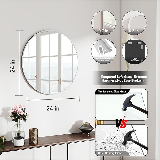 SCWF-GZ 24" Round Mirror Circle Wall Mounted Hanging or Against Wall Aluminum - Image 3
