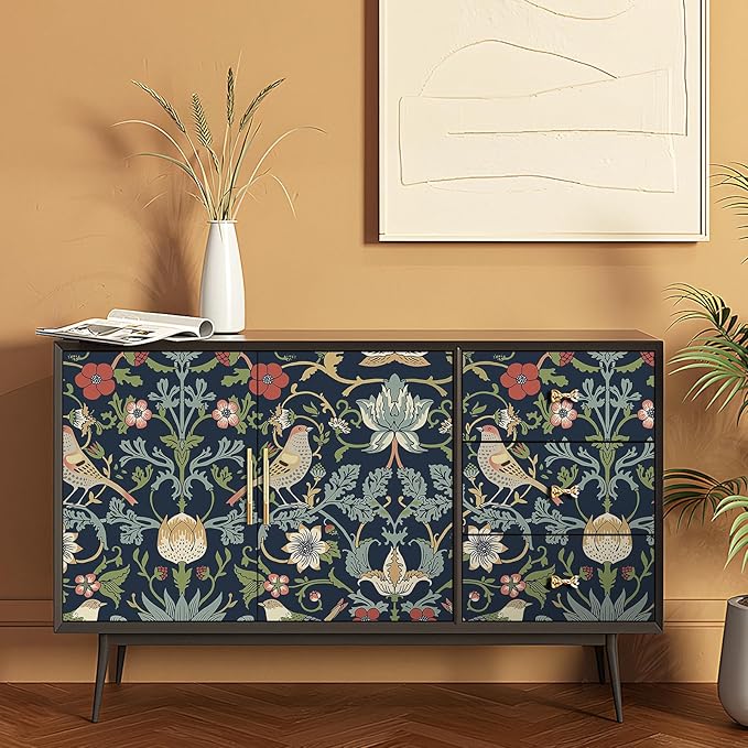 FunStick Navy Blue Floral Wallpaper Peel and Stick Vintage William Morris Green - Image 3