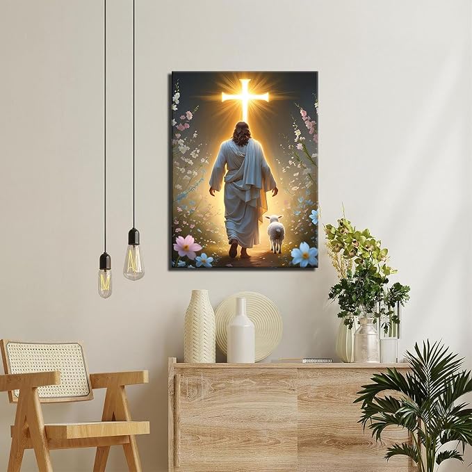 Jesus and Lamb Canvas Wall Art Christian Cross Jesus Walking Toward Light Wall - Image 5