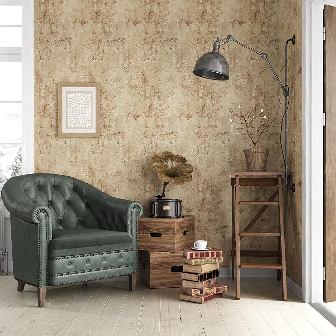 VEELIKE Aged Tan Concrete Wallpaper Peel and Stick Distressed Beige Limewash - Image 2
