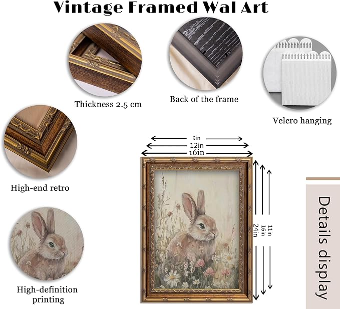 Vintage Gold Framed Easter Bunny Wall Art Spring Rabbit and Wildflowers - Image 3