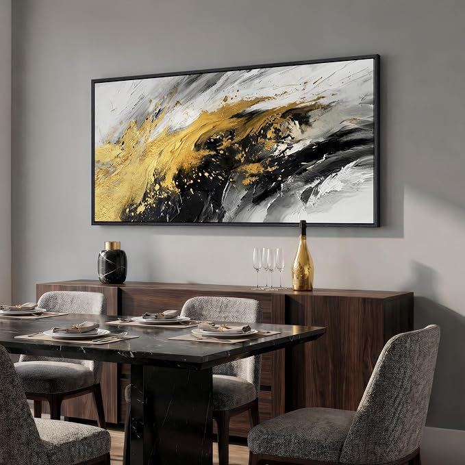 Large Framed Black and White Gold Abstract Wall Art, Modern Vertical Canvas - Image 3