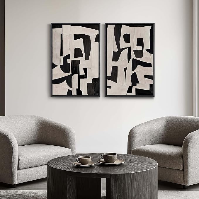 Large Framed Black and Beige Abstract Wall Art, Modern Art Prints Pictures - Image 3