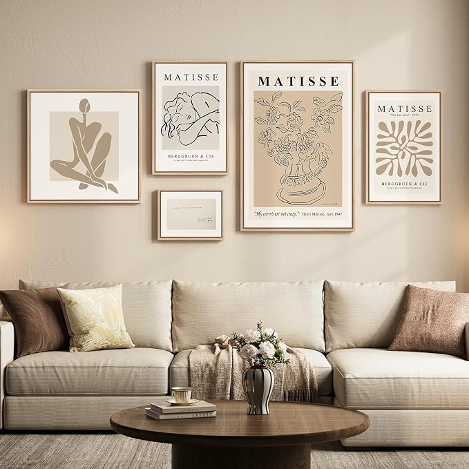 Large Framed Matisse Wall Art Set of 5, Neutral Beige Abstract Geometric by Cuspin