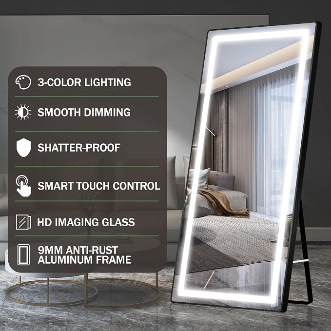 FENNIO Full Length Mirror with Lights, Free Standing Lighted Floor Mirror - Image 7