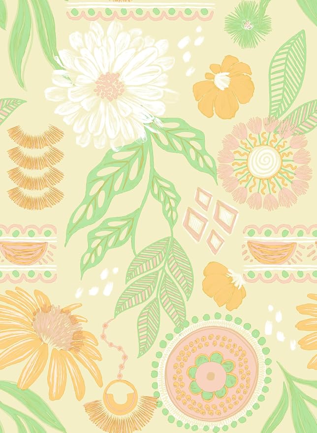 Simon&Siff Boho Wallpaper Peel and Stick, 17.3" x 480" Sun Floral Retro by SimonSiff