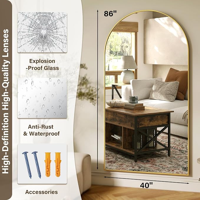 XRAMFY 86"x40" Arched Full Length Mirror Floor Mirrors - Image 4