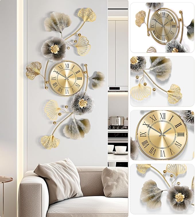 Wall Clocks for Living Room Decor, Large Wall Clock, 3D Creative Metal Ginkgo - Image 4