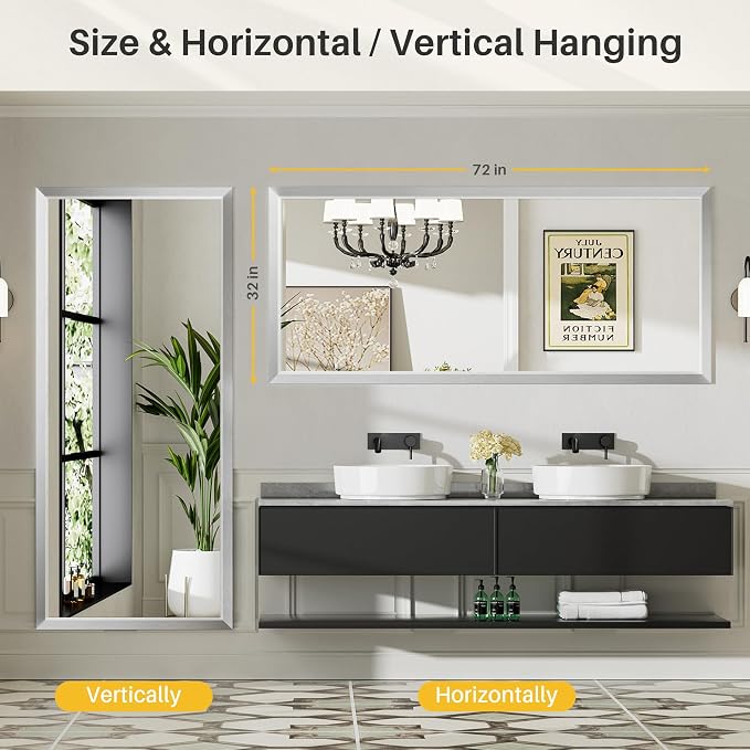 72x32 Inch Brushed Silver Bathroom Mirror - Image 5