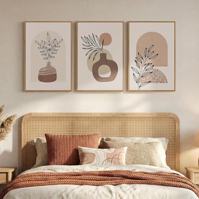 Framed Neutral Boho Wall Art Bedroom, 3 Piece Abstract Bohemian Brown Botanical - Image 4