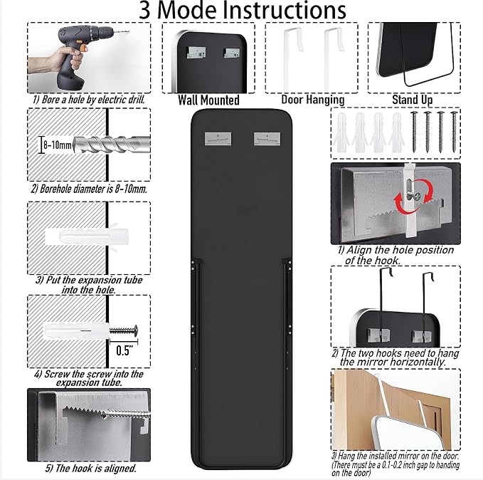 SCWF-GZ 57x16 Door Hanging Full Length Mirror, Floor Stand Wall Mounted Metal - Image 7