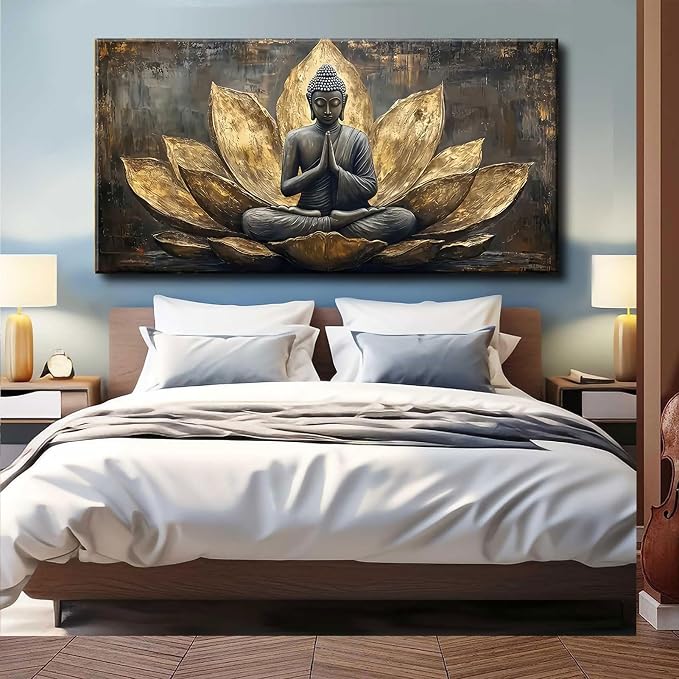 Large Buddha Lotus Canvas Wall Art Abstract Gold and Grey Zen Buddhism Decor - Image 6
