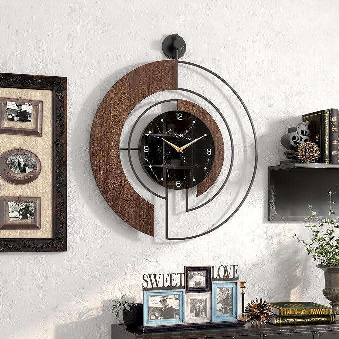 Modern Walnut Marble Dial Wall Clock, Large Wood Metal Frame Silent Non Ticking - Image 6
