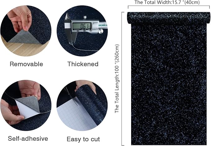 CHIHUT Black Blue Glitter Wallpaper Peel and Stick 15.7''x100'' Sparkle Glitter - Image 2