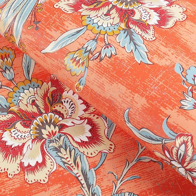 FunStick 17.5"x118" Vintage Floral Peel and Stick Wallpaper Orange Red Wall - Image 6