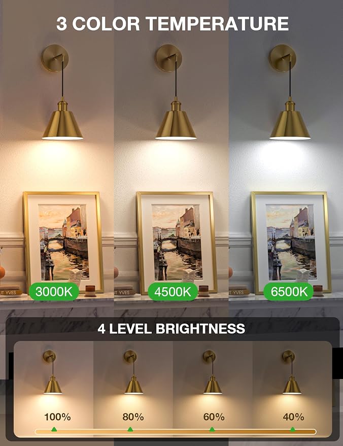 NIORSUN Brushed Gold Battery Operated Wall Sconce Set of 2, 5200mAh Dimmable - Image 2