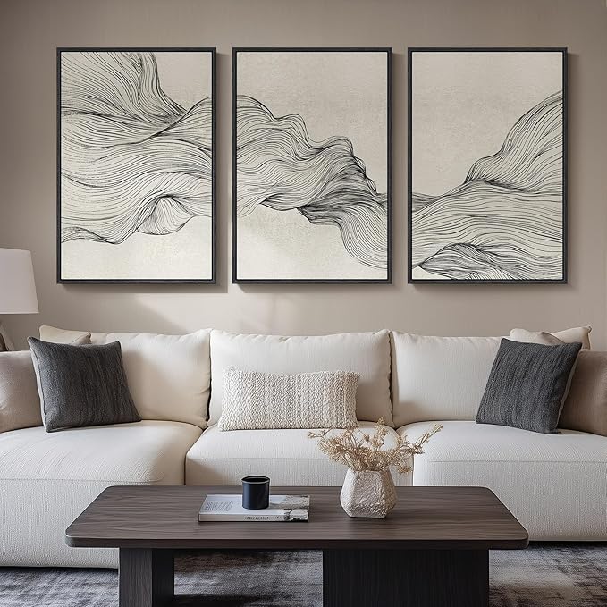 Large Framed Black and Beige Neutral Abstract Wall Art by Cuspin