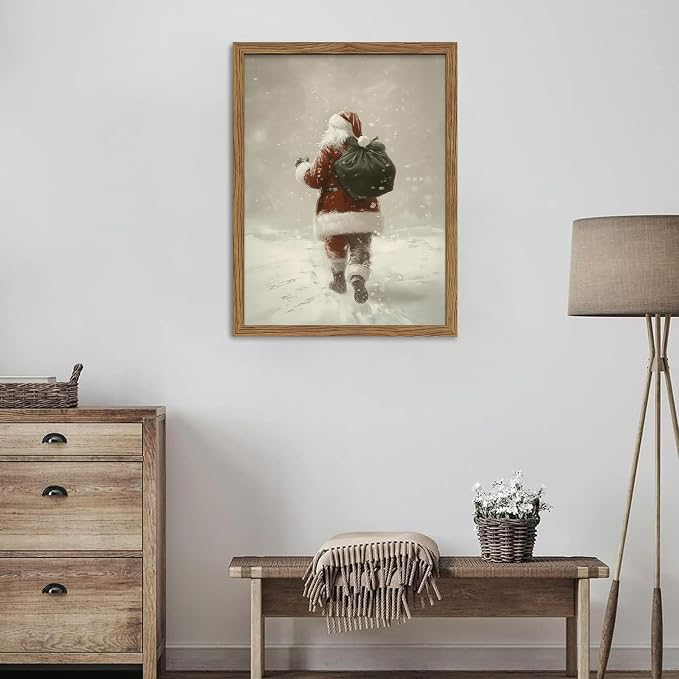 Framed Christmas Wall Art, Santa Claus Walk in Snow Canvas Prints, Vintage - Image 2