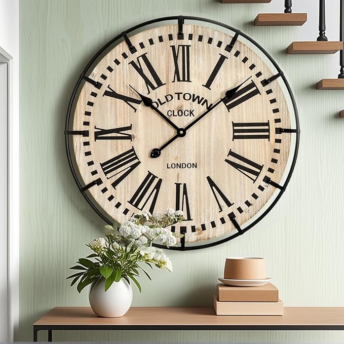 EMAX HOME Rustic Farmhouse Wall Clock 24 Inch, Vintage Oldtown London Wooden by EMAXHOME