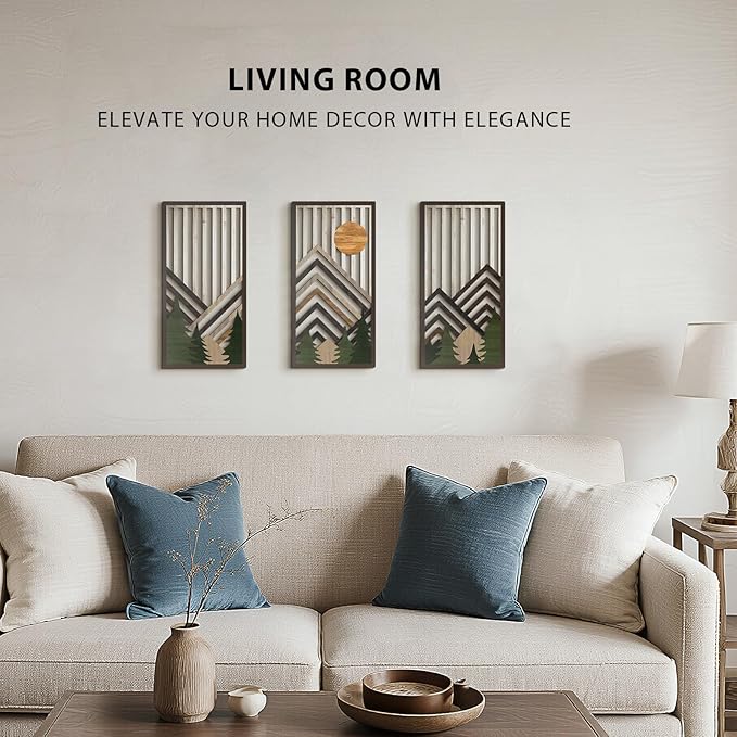 VIYYIEA Boho Solid Wood Carved Wall Art Set of 3, Geometric Minimalist Wooden - Image 7