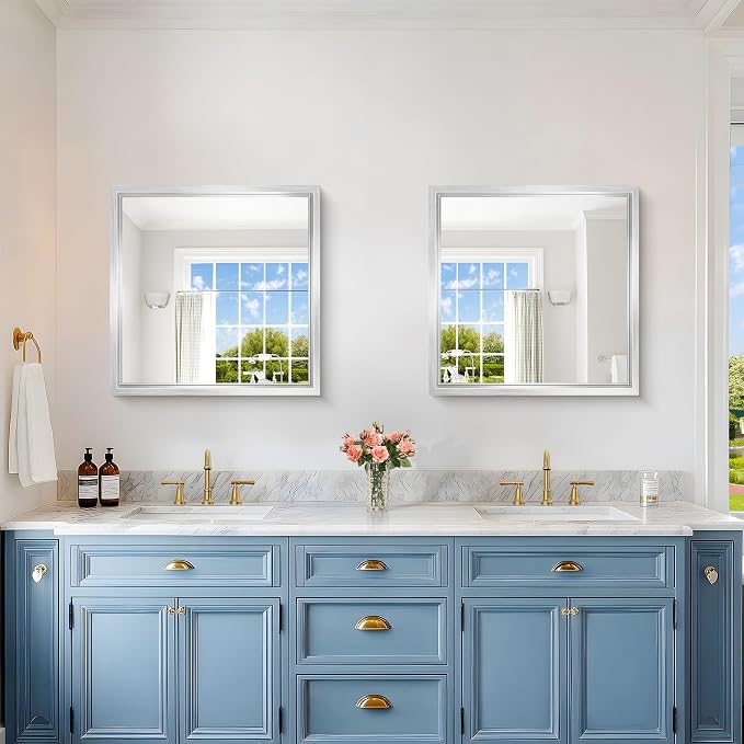 24 x 24 Silver Bathroom Mirror, Brushed Silver Square Mirror - Image 3
