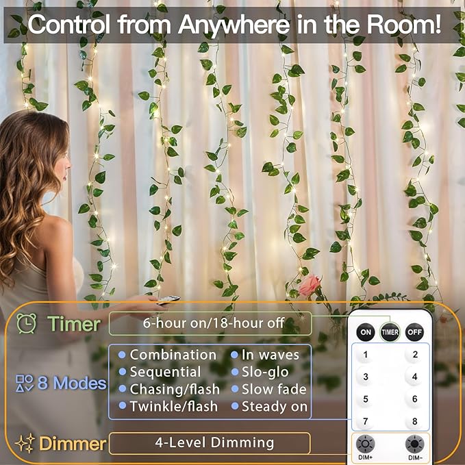 suddus 200 LED Vine with Light Plug in, 6.5ft x 6.5ft Pothos Fairy Curtain - Image 3