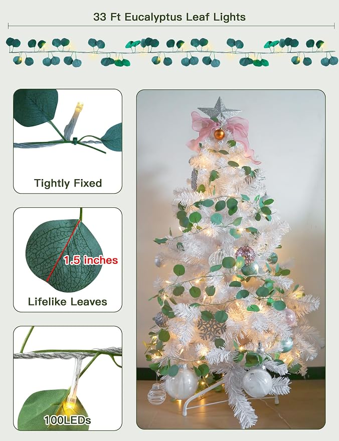 suddus Vines with Lights Plug in, 33ft 100 LED Eucalyptus Garland String Light - Image 4
