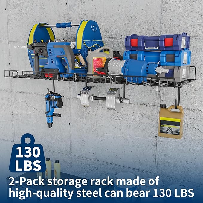 2 Pack Garage Wall Shelf, Wall Mounted Storage Shelves, Heavy Duty Metal Shelves - Image 4