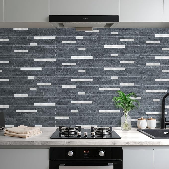 AULIGET 20 Sheets Black Slate Peel and Stick Backsplash, PVC Mixed Metal Silver - Image 2
