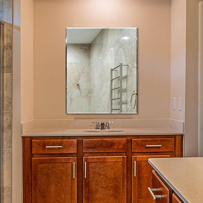 Frameless Bathroom Mirror for Wall, Rectangle Beveled Edge Mirror for Over Sink by Ruomeng