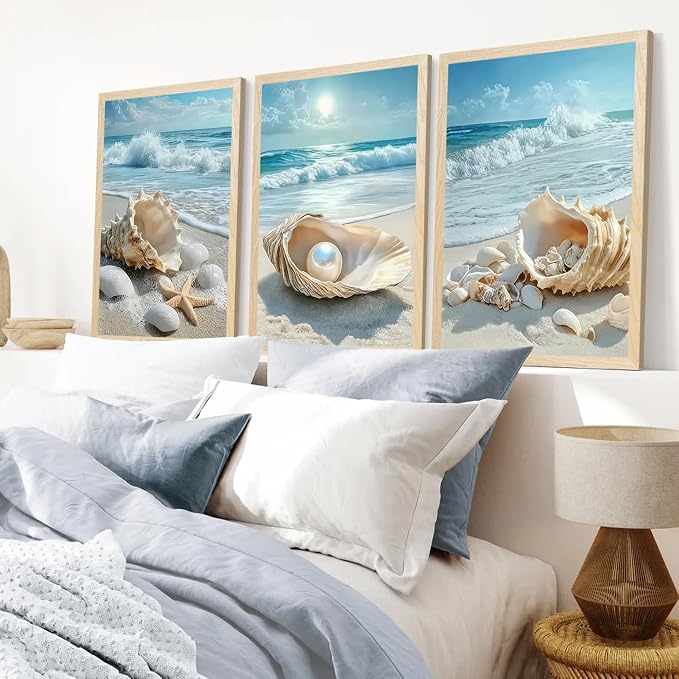SYWENNOI 3 Piece Wood Framed Beach Wall Art, Sandy Shore, Pearl in Shell - Image 4