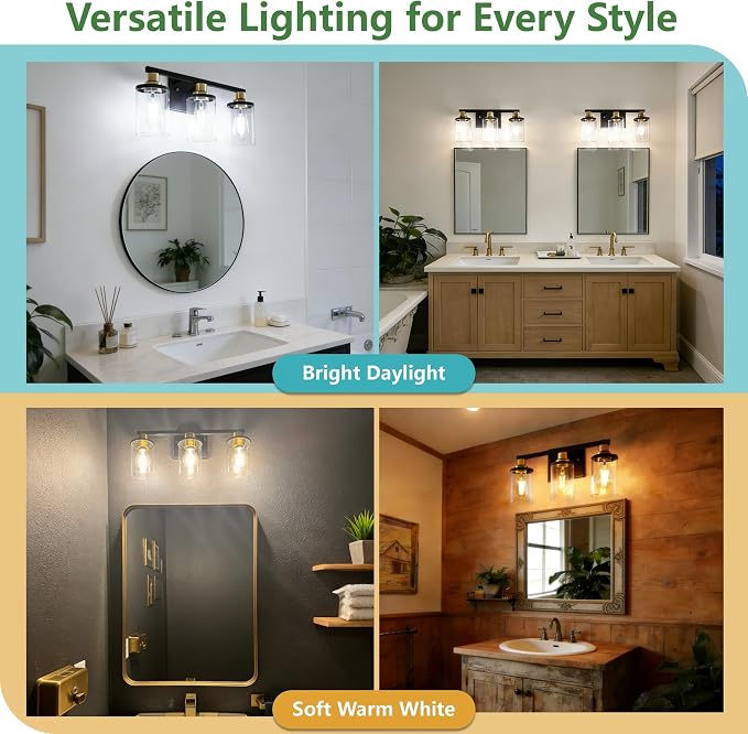DORESshop Bathroom Light Fixtures, 3-Light Black and Gold Bathroom Lights Over - Image 9