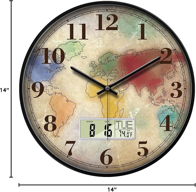 14" Silent Non-Ticking Vintage Distressed World Map Wall Clock, Battery - Image 10