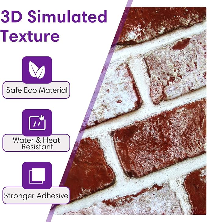 3D Peel and Stick Faux Brick Wall Panels 11.8" x 11.8" 10-Pack Red, Small - Image 3