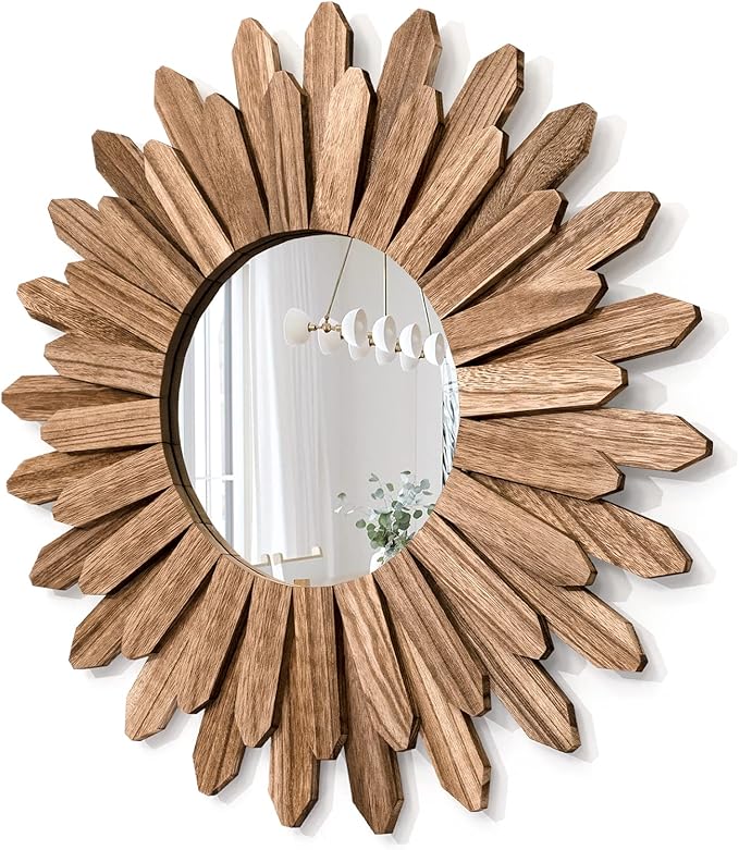 Honiway Mirror Wall Decor 21 inch Rustic Wood Boho Aesthetic Mirror by Honiway