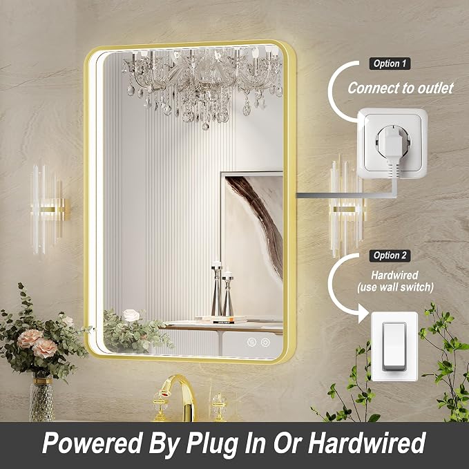 20X28 Inch Framed LED Lighted Bathroom Mirror, Wall Mounted Gold Metal Vanity - Image 5