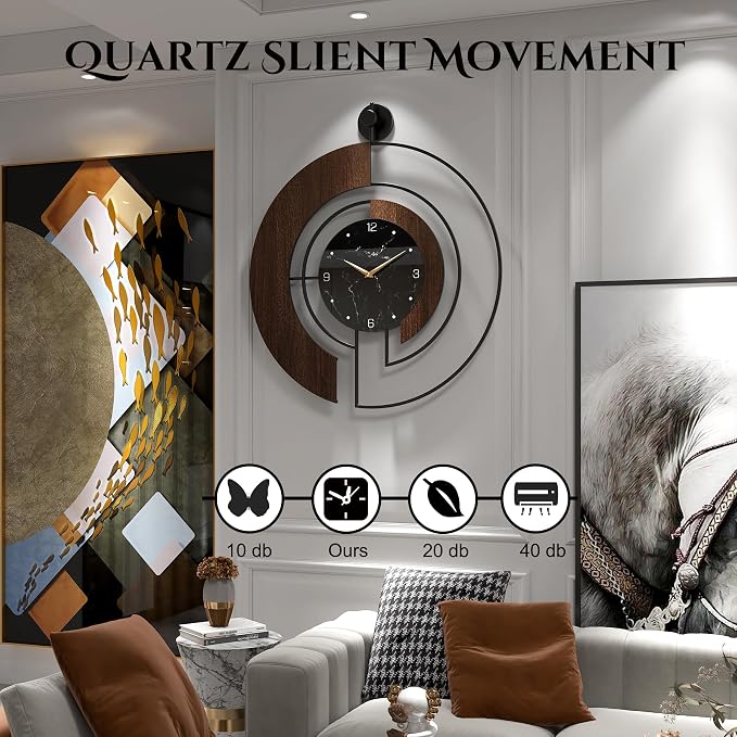 Modern Walnut Marble Dial Wall Clock, Large Wood Metal Frame Silent Non Ticking - Image 4