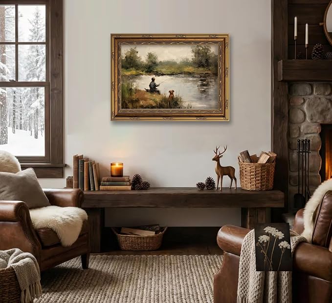 Vintage Gold Framed Wall Art Boy Fishing Country Oil Painting Canvas Prints - Image 7
