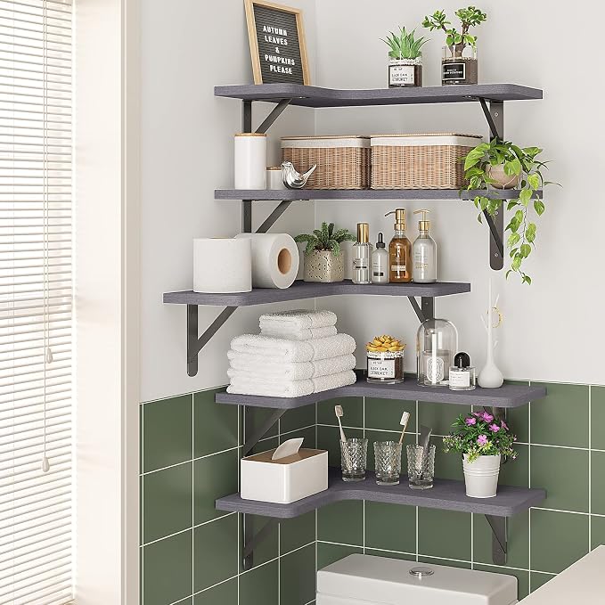 Fixwal Corner Floating Shelves Set of 5, Rustic Wood Wall Mounted Corner Shelf - Image 6