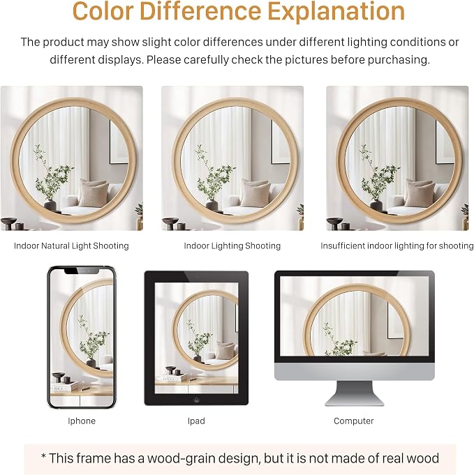 CULER Round Wall Mirrors 24 Inch, Natural Rustic Decorative Transitional Mirror - Image 6